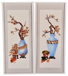 Pair Of Asian Framed Mixed Media Art Crafted From Bamboo Applique