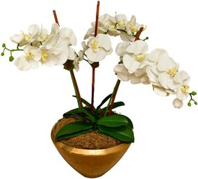 Gilt Ceramic Planter With Faux Orchid Plant