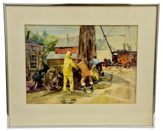 Signed J. Beall Rodgers '83 Framed Watercolor Painting Of Fishermen At A Dock