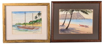 Pair Of Signed Framed Watercolor Paintings Depicting A Tropical Island Scene