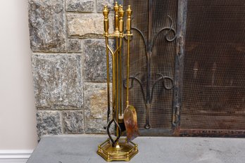 Four Piece Brass Fireplace Tool Set With Holder