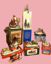 Pfaltzgraff Resin Santa  Holding Snow Globe And Six Winter-Themed Porcelain Figurine Accessories