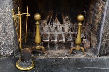 Pair Of Large Queen Anne Style Brass Andirons (RETAIL $960) And Three Piece Fireplace Tool Set With Stand