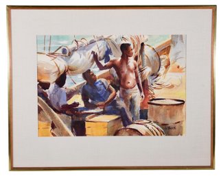 Signed 20th Century L. (Larry) Gluck Watercolor Painting Depicting Men Lounging On A Boat