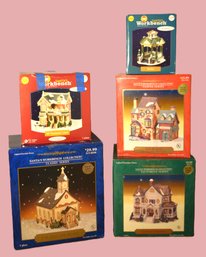 4 Santa's Workshop Lighted Porcelain Houses (Towne, Victorian,Classic) & Winter Gazebo Porcelain Figurine