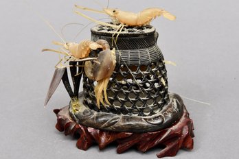 Vintage Japanese Buffalo Horn Carved Crab Basket With Shrimp And Crab Okimono