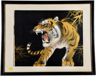 Signed Chinese Crouching Tiger Framed Silk Painting
