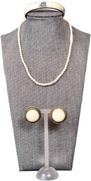 Bone And Brass Bracelet, Pierced Earrings And Single Strand Necklace