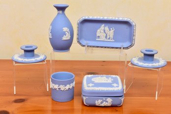 Collection Of Wedgwood Jasperware Trinket Box, Vase, Candlestick Holders, Trinket Tray And Cup