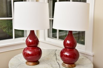 Pair Of Double Gourd Table Lamps With Wooden Base