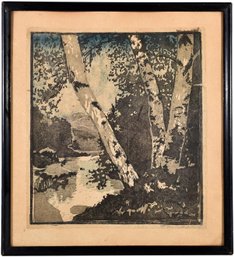 Signed Woodcut Of Birch Trees By The Water