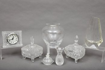Collection Of Seven Tabletop Vanity Items - Waterford Clock, Lenox Vase, Perfume Bottles And More