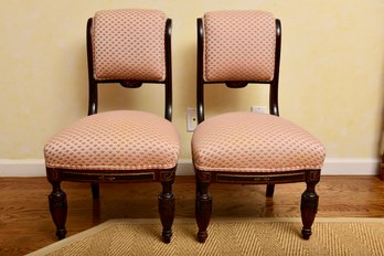 Pair Of Antique Diminutive Carved Wood Scrolled Back Upholstered Chairs