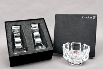 Pair Of Orrefors Sweden Crystal Candle Holders In Original Box And Orrefors Crystal Corona Bowl