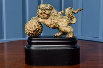 Vintage Chinese Bronze Colored Cast Foo Dog Statue On Pediment
