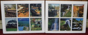 Two Unique Vintage Window Panes With Photographs Of Moving Trains And Amazing Natural Waterfalls