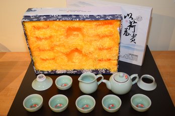 Miniature Set Of Celadon Japanese Koi Fish Tea Set In Original Box W/ 6 Cups, 1 Creamer, 1 Teapot, More