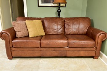 Ethan Allen Three Cushion Rolled Arm Leather Sofa