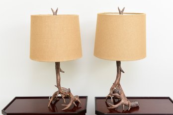 Pair Of Rustic Faux Antler Table Lamps With Burlap Style Shades