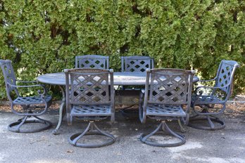 Cast Aluminum Outdoor Patio Dining Table With Set Of Six Matching Swivel Chairs