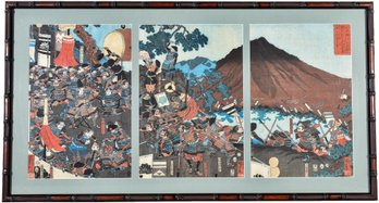 Kuniyoshi Oban Triptych Battle Scene With Warriors