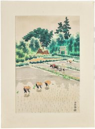 Signed Kotozuka Eiichi (1906 - 1982) Taue (planting Rice) Japanese Original Woodblock Print