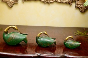 Set Of Three Carved Wooden Painted Swans With Brass Trim