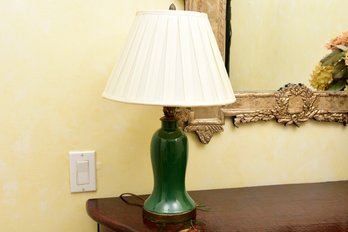 Green Table Lamp With Pleated Shade And Acorn Finial