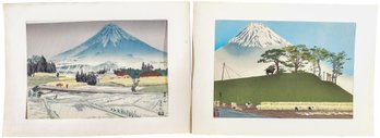 Pair Of Tokuriki Tomikichiro Japanese Woodblock Prints Titled 'harvest In Autumn' And 'Mt Fuji In Rain'