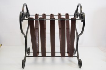 Black Metal And Brown Leather Magazine Rack