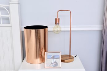 Modern Rose Gold Table Lamp, Wastebasket And Photo Frame