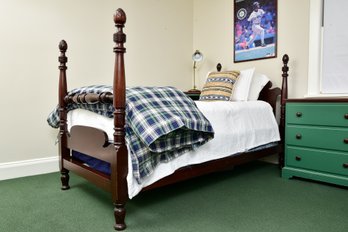 Twin Size Mahogany Four Poster Bed With Pineapple Finials, Mattress And Boxspring (1 Of 2)