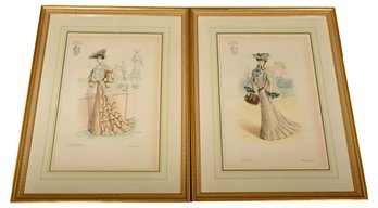 Pair Of French Victorian LaMode Artistique Framed Antique Fashion Prints