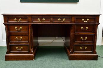 Hekman Knee Hole Nine Drawer Desk With Inset Leather Tooled Top