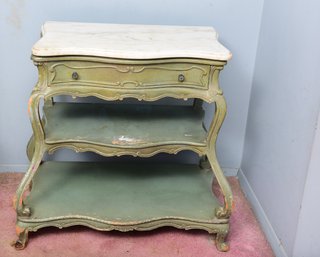 Antique Double Tiered Painted Wood Side Table With Marble Top