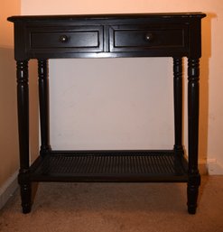 Two Drawer Black Wooden Rectangle Table With Woven Bottom Shelf