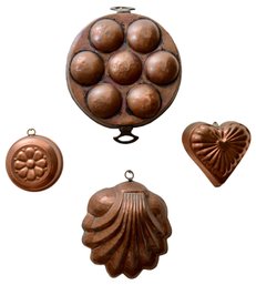 Collection Of Vintage Copper Escargot Pan, Clam Shell Mold, Heart Mold And Floral Mold