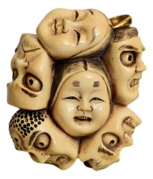 Japanese Netsuke Multi-face Carved Pendant With 14k Bail