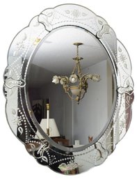 Venetian Glass Oval Shaped Etched Mirror With Beveled Edge