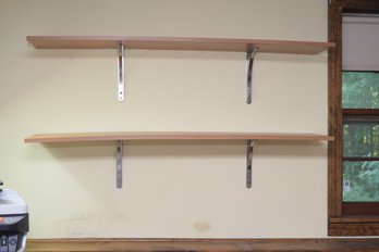 Set Of Two Maple Colored Display Shelves With Four Brushed Nickel Brackets - Lot 1