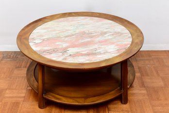 Vintage Circular Wood Table With Pink Marble Top