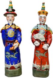 Pair Of Signed Chinese Porcelain Hand Painted Emperor Figurines
