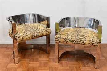 Pair Of Polished Steel Barrel Back Chairs With Tiger Print Upholostered Cushions