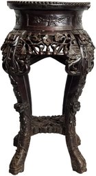 Chinese Carved Wood Antique Pedestal Stand With Marble Insert