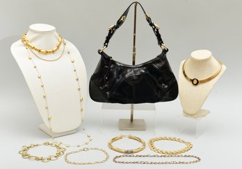 Collection Of Nine Costume Jewelry Necklaces And Francesco Biasia Handbag