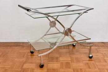 In The Style Of John Vesey Mid-century Modern American Aluminum Chrome And Glass Tea/Bar Cart On Casters