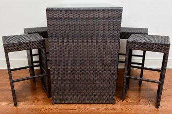 All Weather Woven Rattan Outdoor Bar Table With Glass Top And Set Of Four Matching Stools