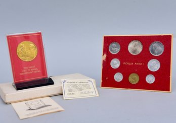 The Sadat Visit To Israel Eyewitness 24KT Gold On Sterling Silver Limited Edition Medal And MCMLIX ANNO 1 Coin