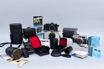 Collection Of Cameras And Accessories - Konica FS-1, Canon G-III, Pentax Auto 110, Polaroid One Step And More