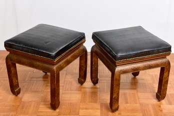 Pair Of Faux Leather And Wood Ottomans With Nailhead Stud Design On Casters